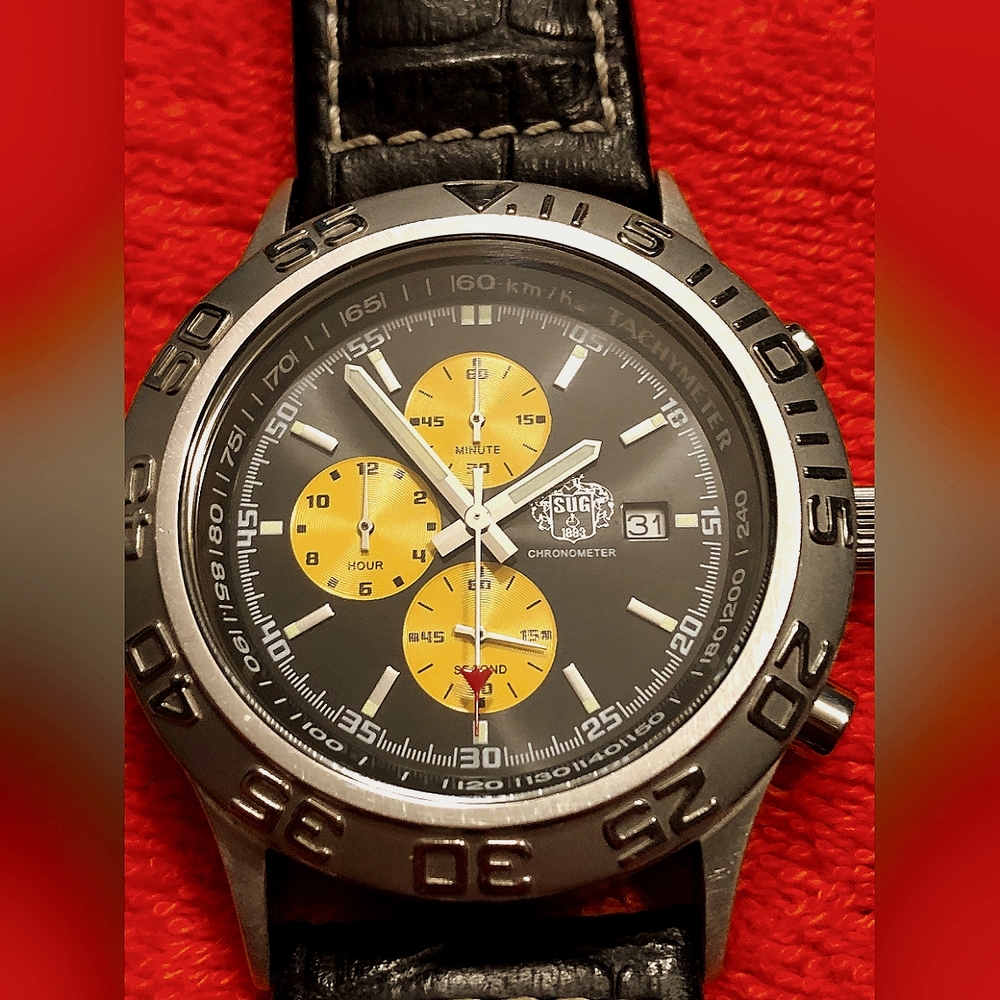 UNIQUE Men's CHRONOGRAPH Watch SUG  "Nautical" Yellow Dial  Unique Leather band